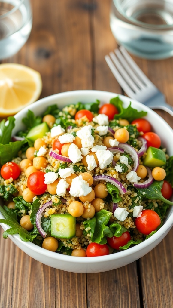 A colorful kale, quinoa, and chickpea salad with cherry tomatoes, cucumber, and feta cheese on a wooden table.